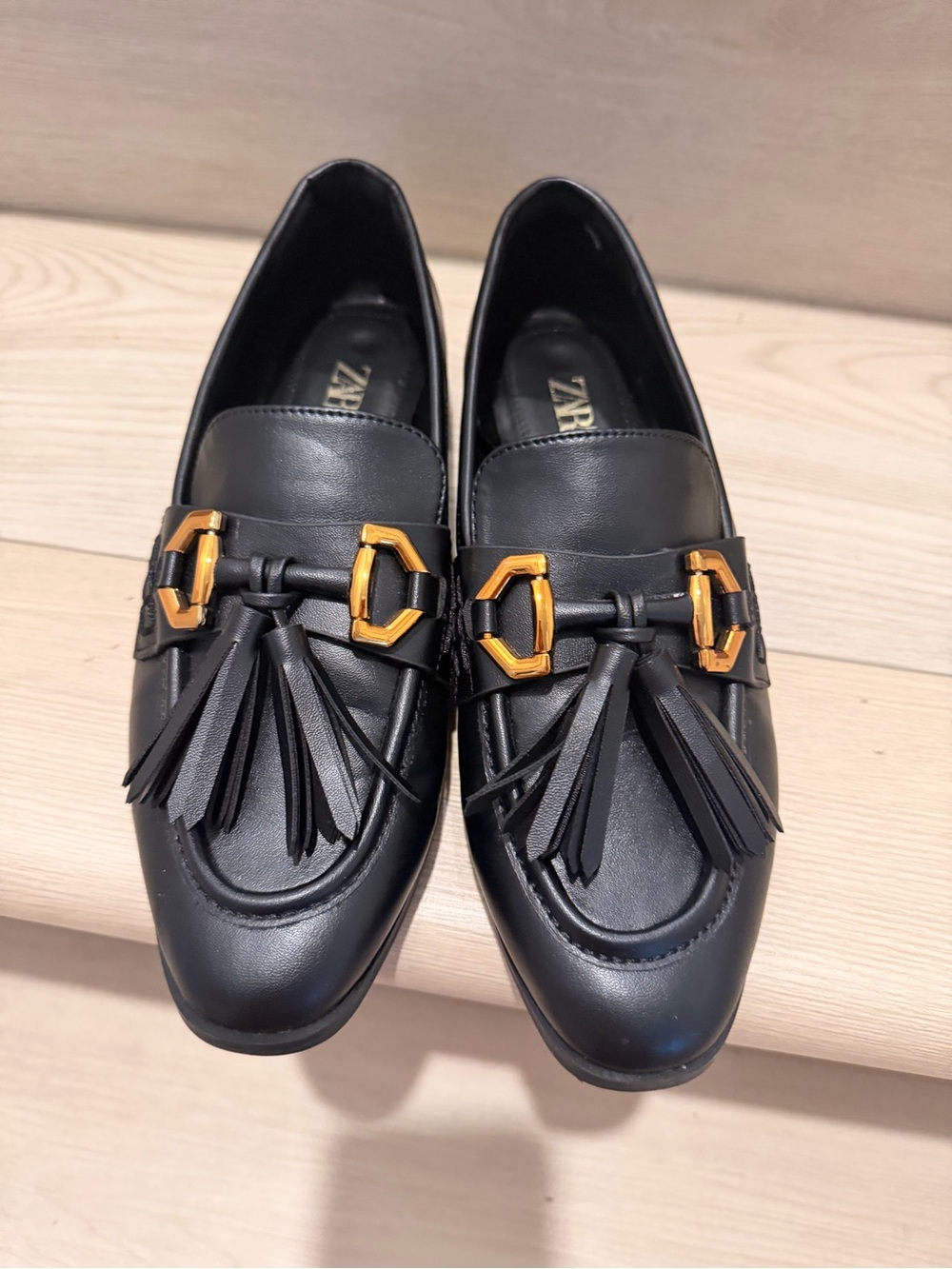 Zara Black Leather Tassel Loafers with Gold Accents